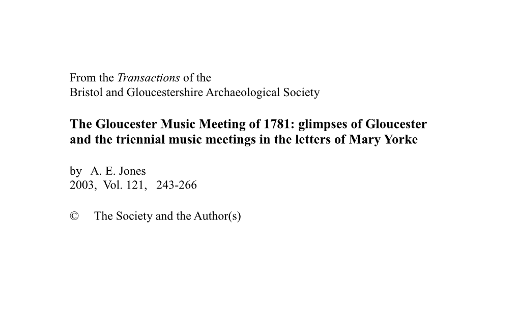 Glimpses of Gloucester and the Triennial Music Meetings in the Letters of Mary Yorke by A