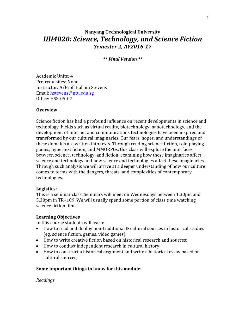 Science, Technology, and Science Fiction Semester 2, AY2016-17