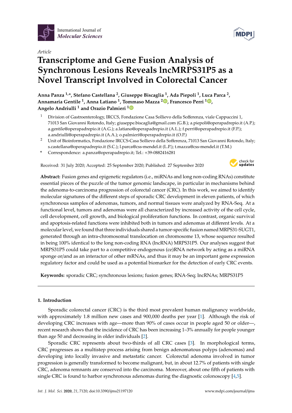 Transcriptome and Gene Fusion Analysis of Synchronous Lesions Reveals Lncmrps31p5 As a Novel Transcript Involved in Colorectal Cancer