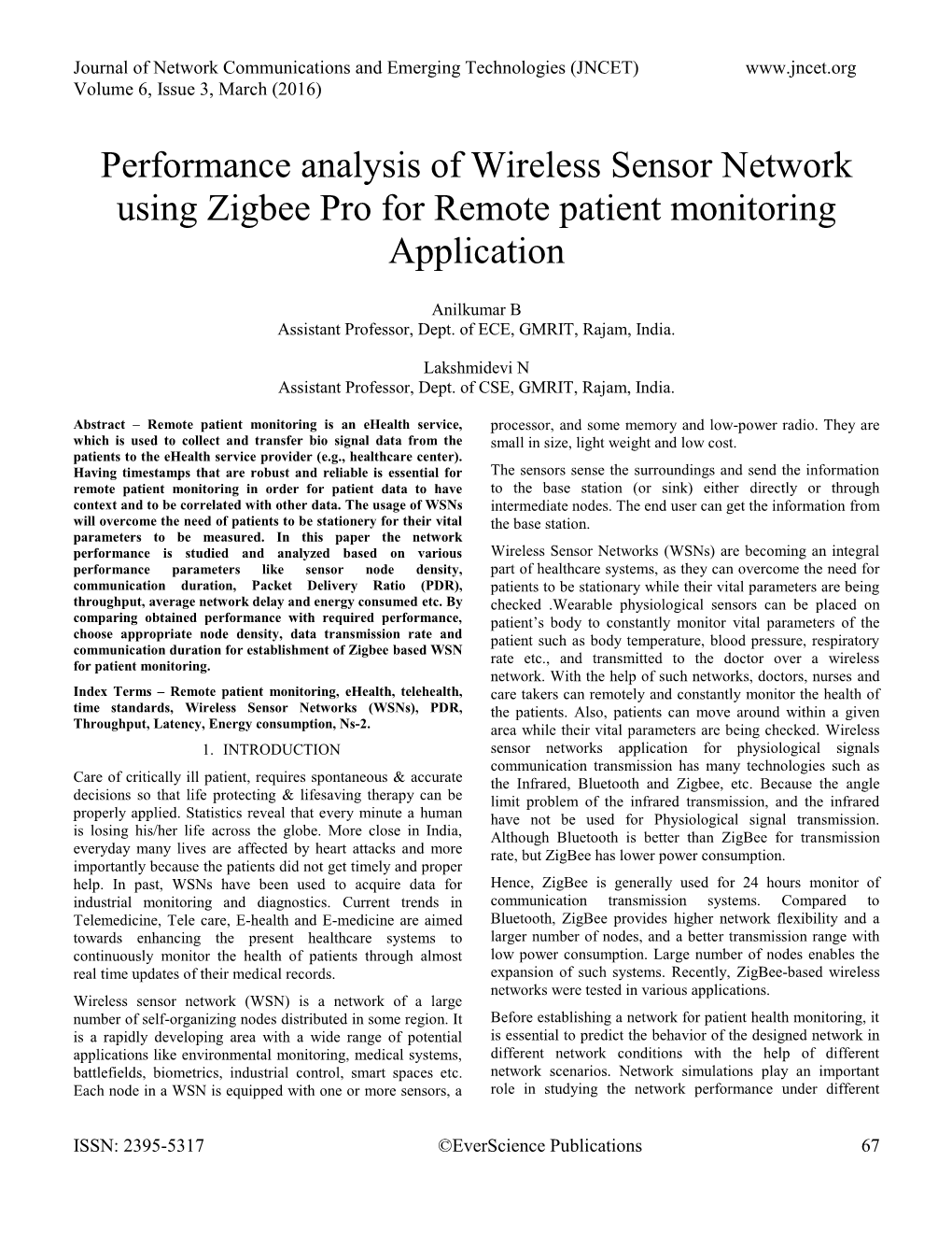 Performance Analysis of Wireless Sensor Network Using Zigbee Pro for Remote Patient Monitoring Application