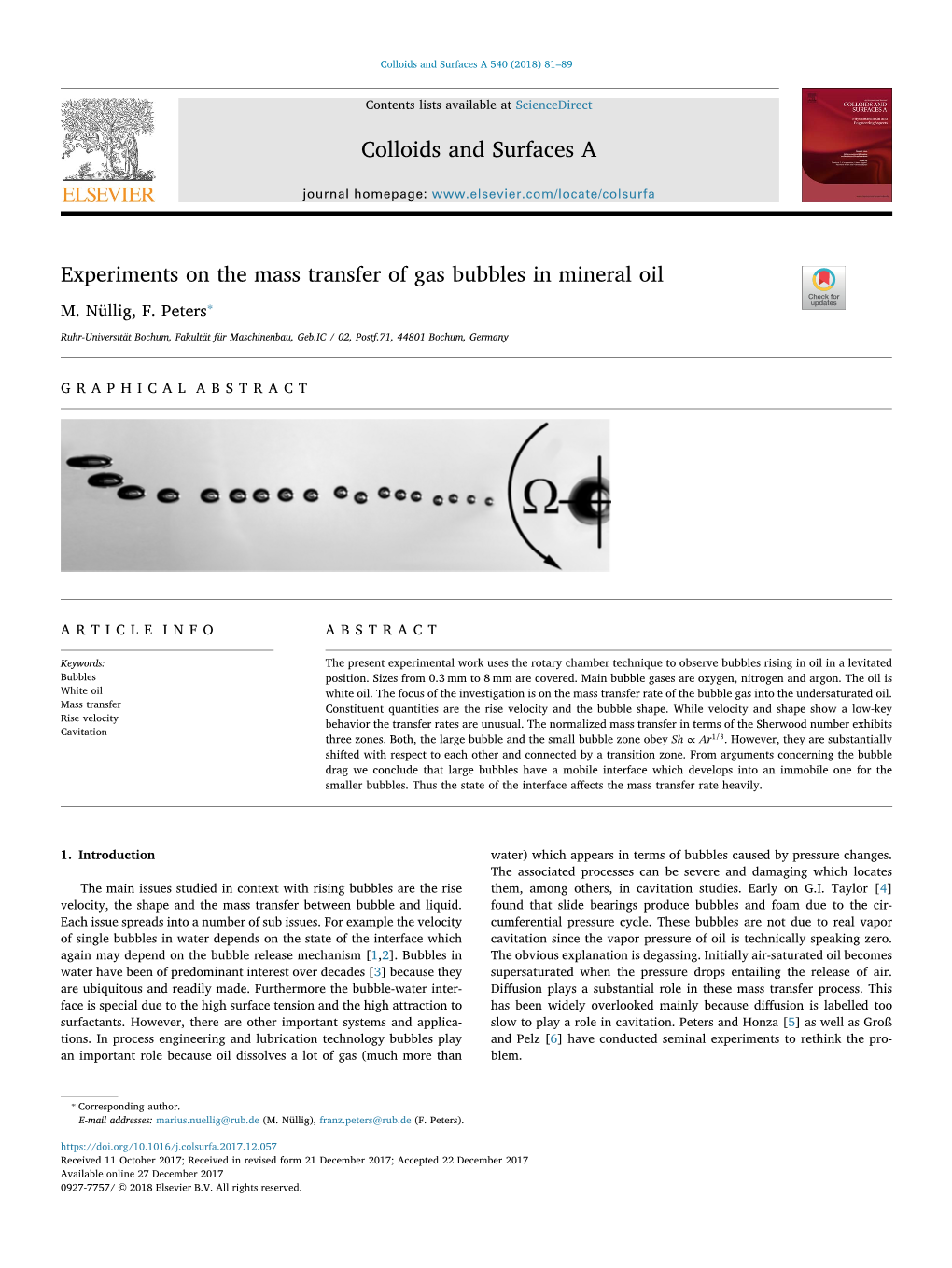 Experiments on the Mass Transfer of Gas Bubbles in Mineral Oil T ⁎ M