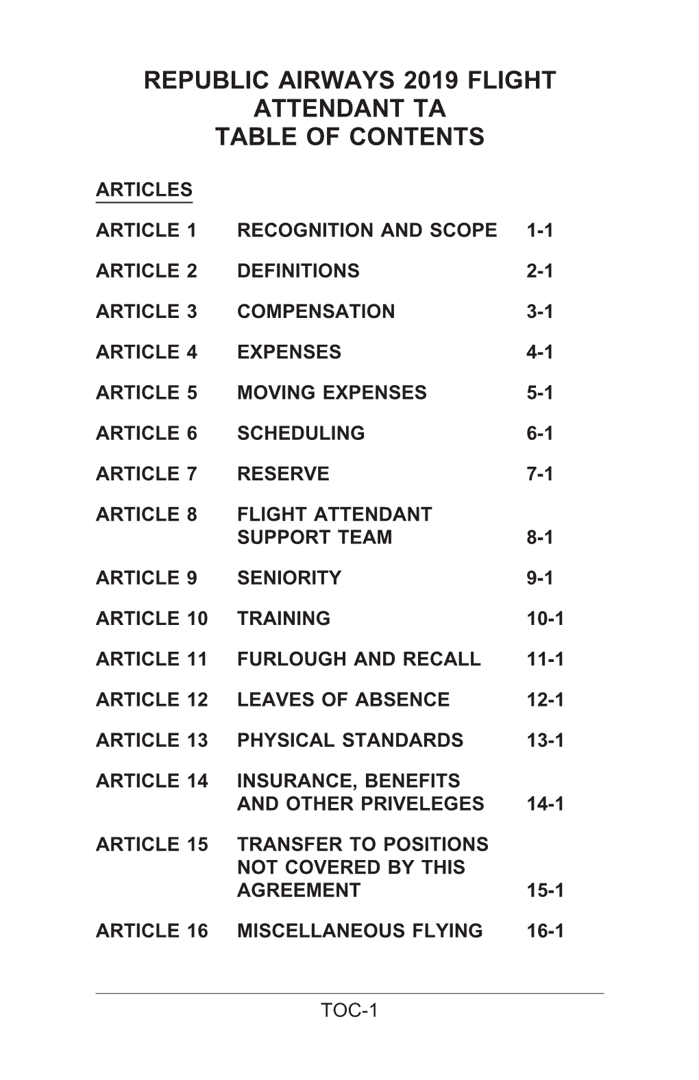 Republic Airways 2019 Flight Attendant Ta Table of Contents