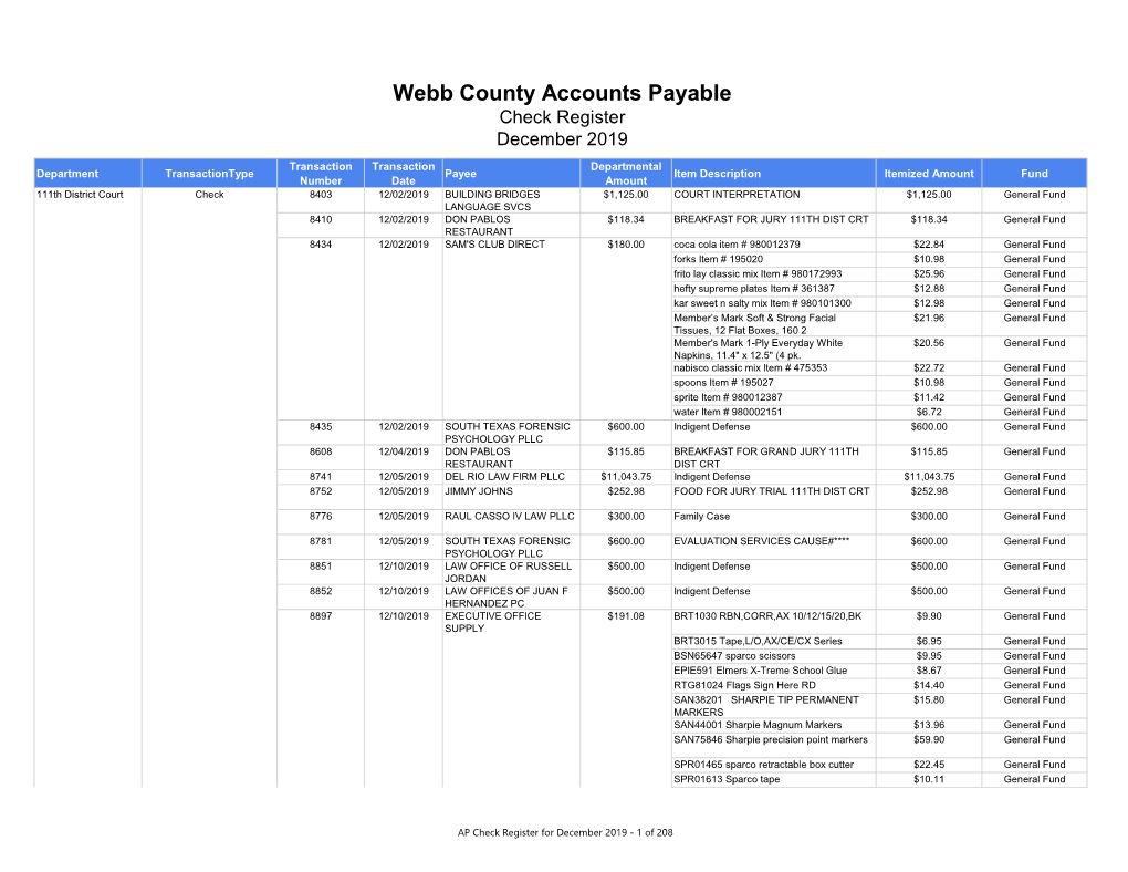 Webb County Accounts Payable Check Register December 2019