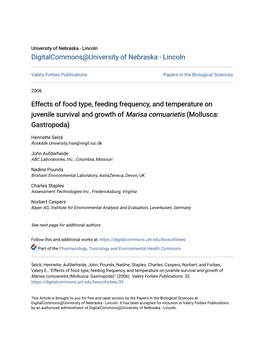 Effects of Food Type, Feeding Frequency, and Temperature on Juvenile Survival and Growth of Marisa Cornuarietis (Mollusca: Gastropoda)