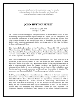 John Huston Finley Was Spread Upon the Permanent Records of the Faculty