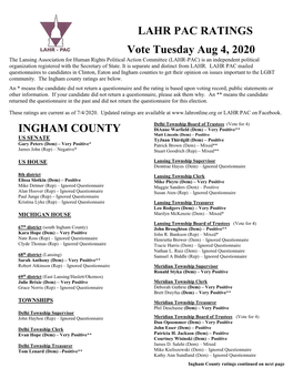 LAHR PAC RATINGS Vote Tuesday Aug 4, 2020 INGHAM COUNTY