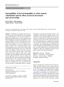 Susceptibility of Larval Dragonflies to Zebra Mussel Colonization and Its