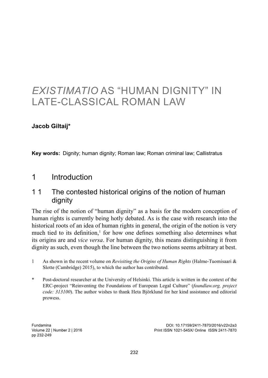 1Existimatio As “Human Dignity” in Late-Classical Roman Law
