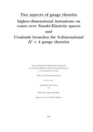 Higher-Dimensional Instantons on Cones Over Sasaki-Einstein Spaces and Coulomb Branches for 3-Dimensional N = 4 Gauge Theories