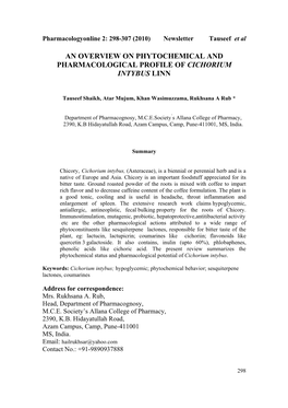 An Overview on Phytochemical and Pharmacological Profile of Cichorium Intybus Linn