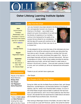 Osher Lifelong Learning Institute Update June 2009