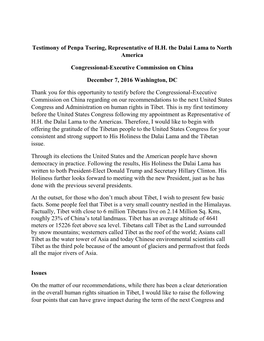 Testimony of Penpa Tsering, Representative of H.H. the Dalai Lama to North America Congressional-Executive Commission on China