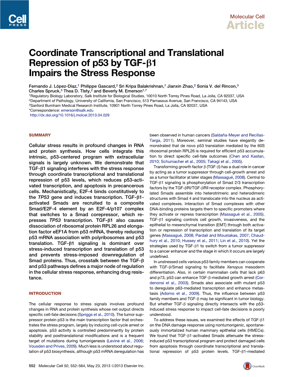 Coordinate Transcriptional and Translational Repression of P53 by TGF-B1 Impairs the Stress Response