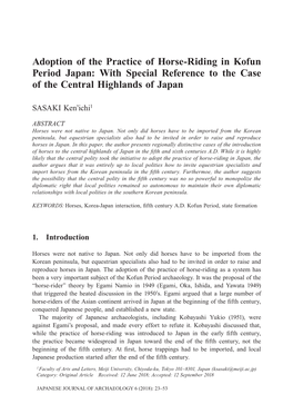 Adoption of the Practice of Horse-Riding in Kofun Period Japan: with Special Reference to the Case of the Central Highlands of Japan