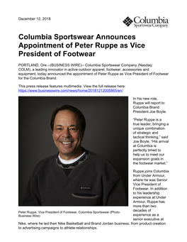 Columbia Sportswear Announces Appointment of Peter Ruppe As Vice President of Footwear