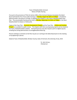 Town of Weathersfield, Vermont Notice of Public Hearing Pursuant to the Provisions of Title 24, Section 4385, of the Vermont