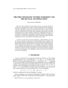 THE FREE MONOGENIC INVERSE SEMIGROUP and the BICYCLIC MULTIPLICATION 1. Introduction