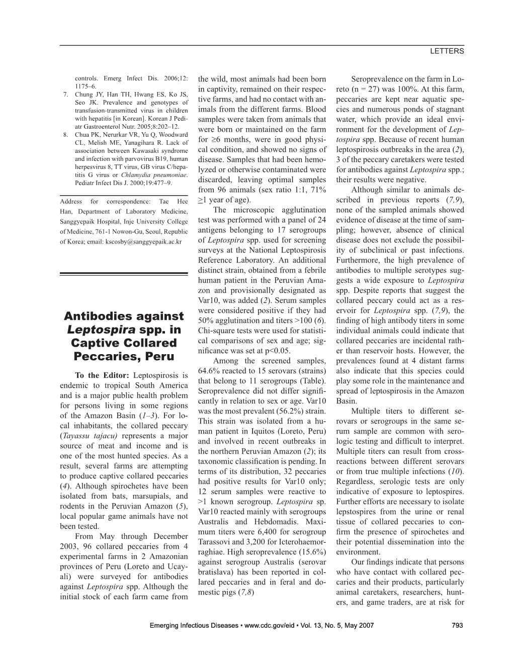 Antibodies Against Leptospira Spp. in Captive Collared Peccaries, Peru