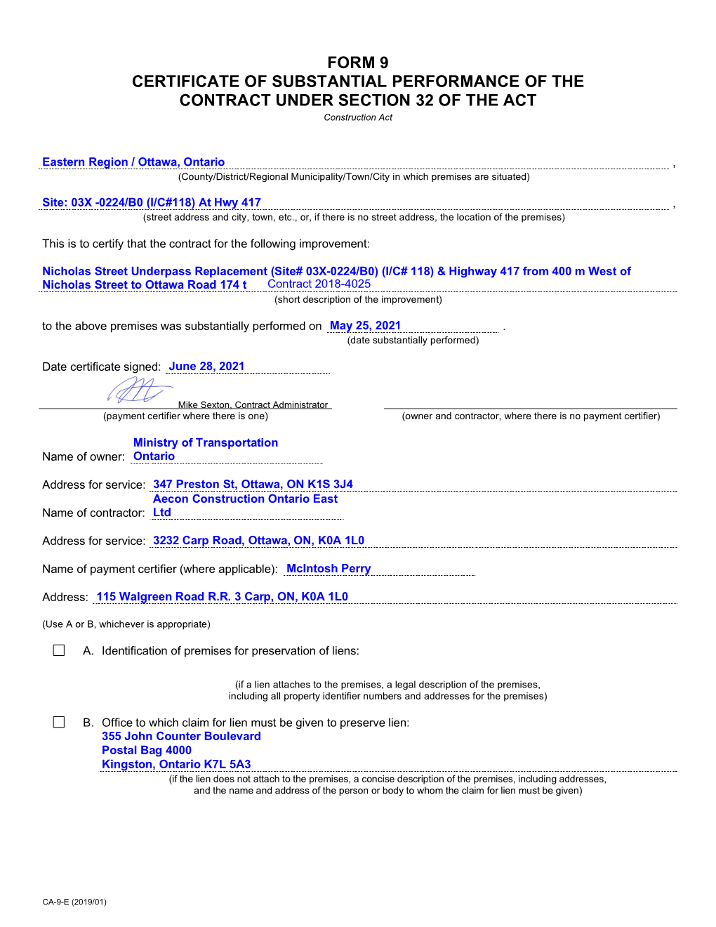 Certificate of Substantial Performance Detailsreport