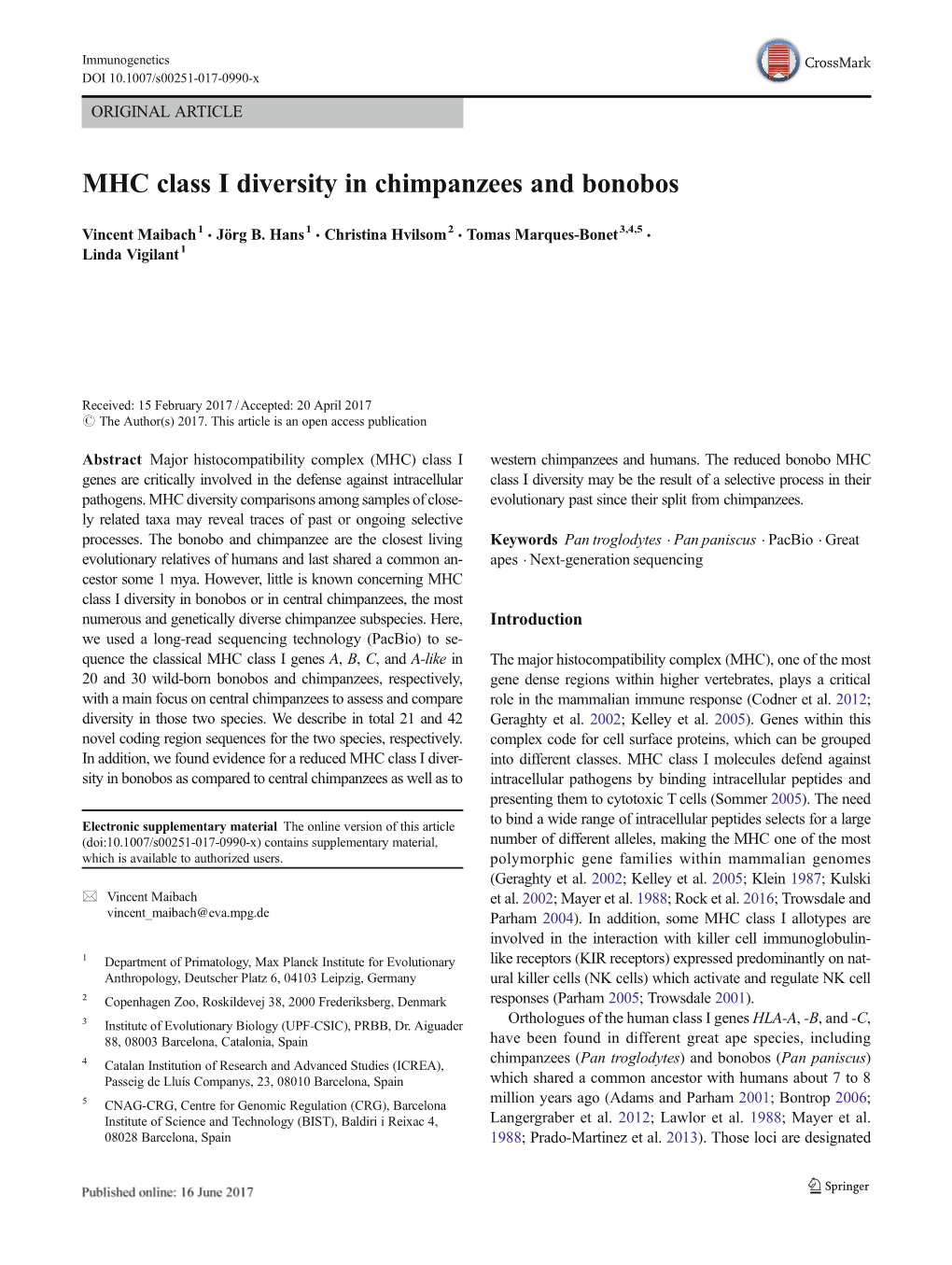 MHC Class I Diversity in Chimpanzees and Bonobos