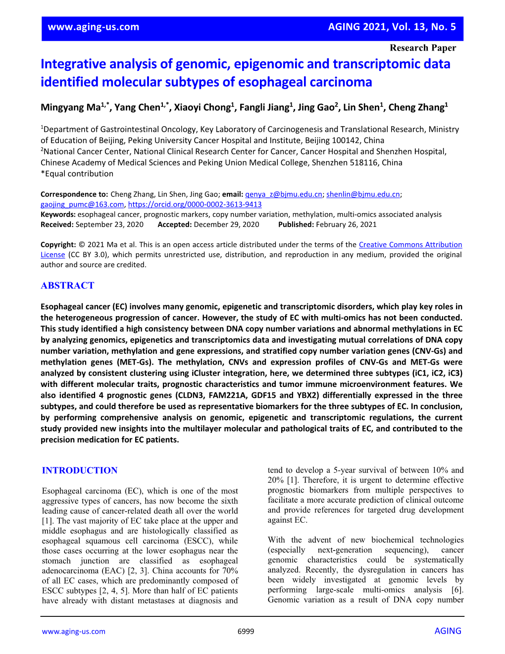 Integrative Analysis of Genomic, Epigenomic and Transcriptomic Data Identified Molecular Subtypes of Esophageal Carcinoma