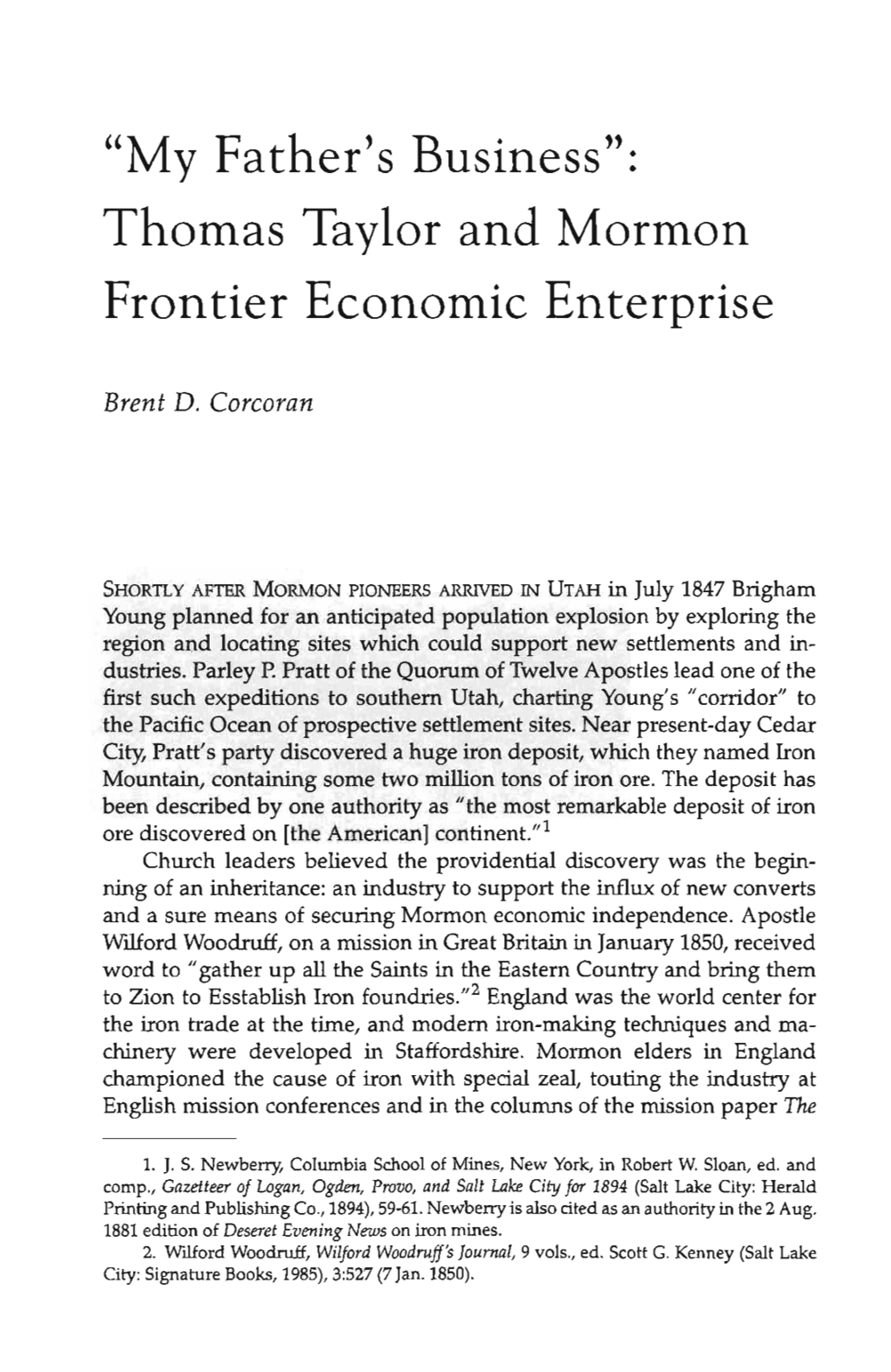 Thomas Taylor and Mormon Frontier Economic Enterprise