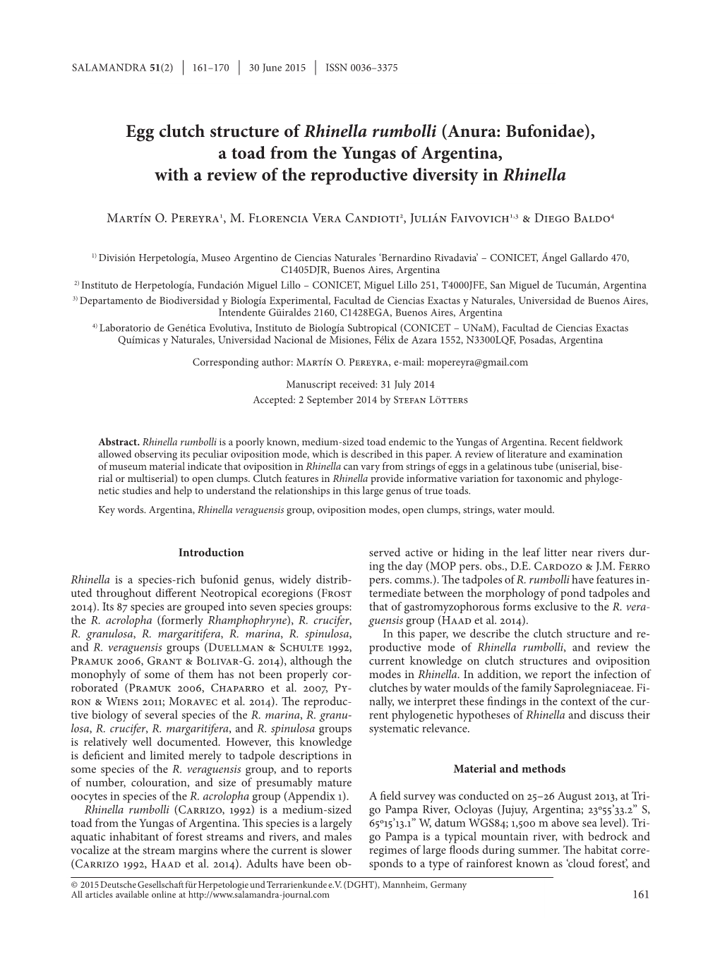 Egg Clutch Structure of Rhinella Rumbolli (Anura: Bufonidae), a Toad from the Yungas of Argentina, with a Review of the Reproductive Diversity in Rhinella