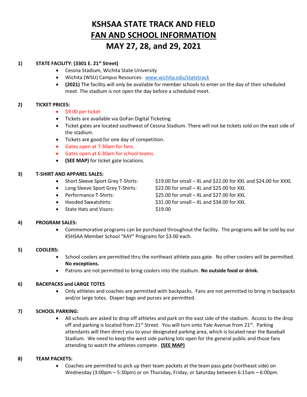 KSHSAA STATE TRACK and FIELD FAN and SCHOOL INFORMATION MAY 27, 28, and 29, 2021