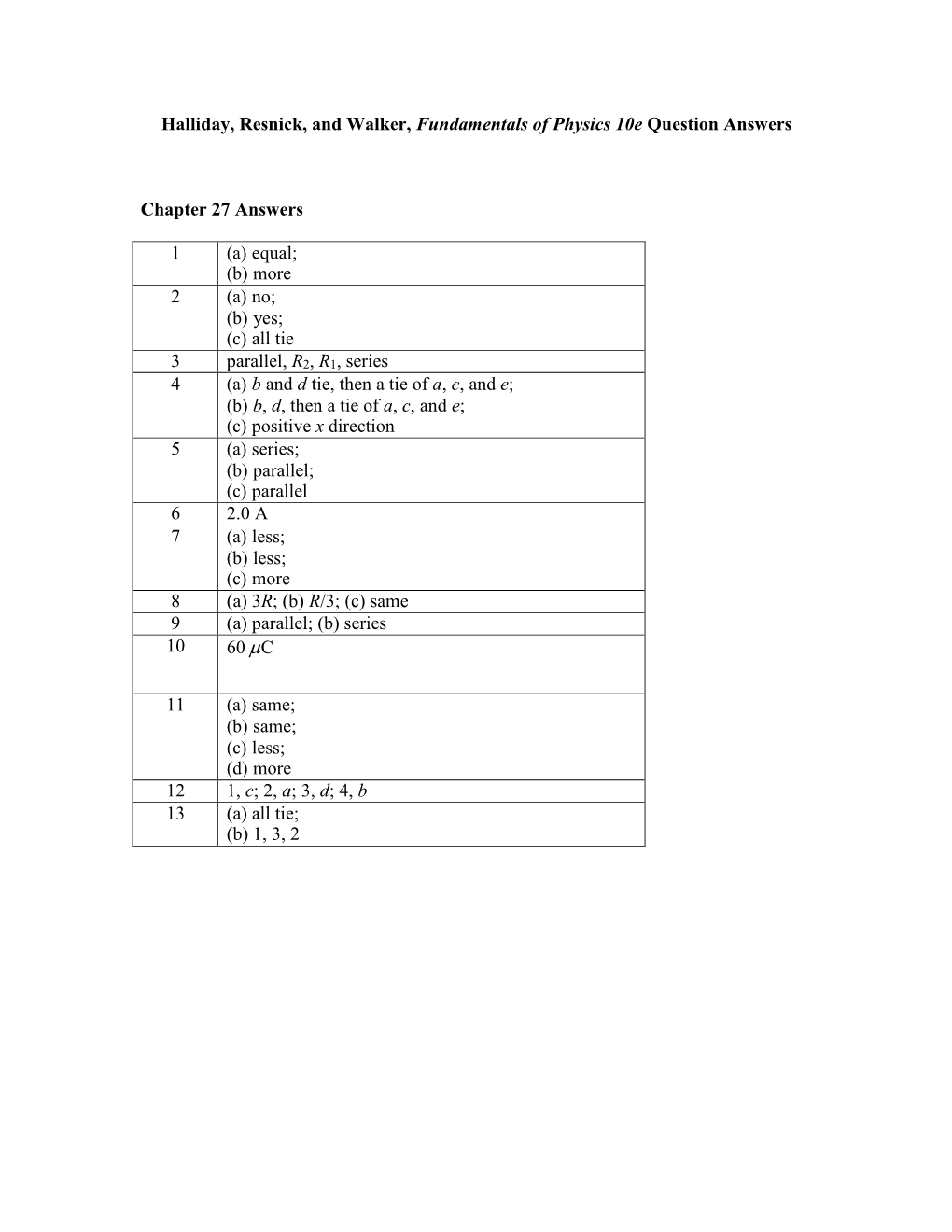 Halliday, Resnick, and Walker, Fundamentals of Physics 10E Question Answers Chapter 27 Answers 1 (A) Equal; (B) More 2 (A)