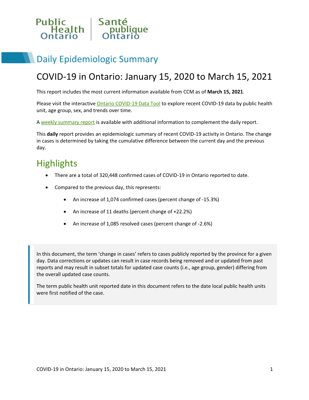 COVID-19 in Ontario: January 15, 2020 to March 15, 2021