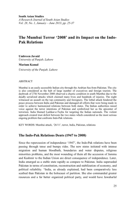 The Mumbai Terror ‘2008’ and Its Impact on the Indo- Pak Relations