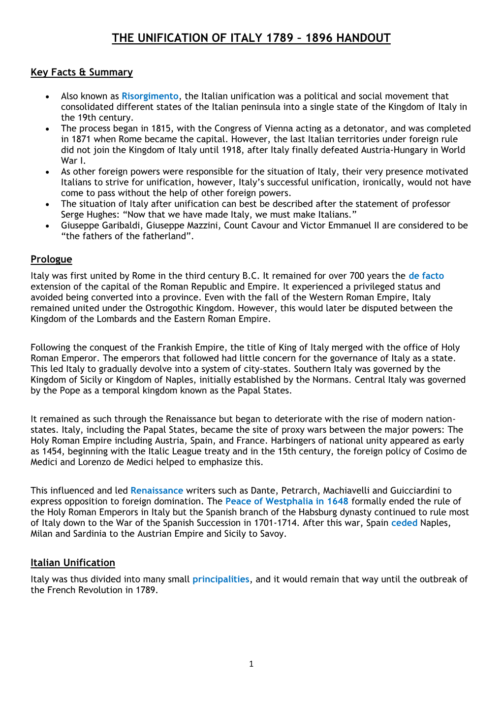 The Unification of Italy 1789 – 1896 Handout