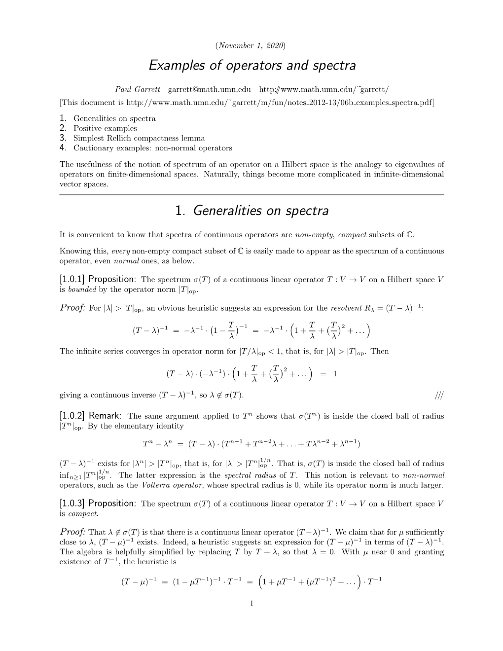 Examples of Operators and Spectra 1. Generalities on Spectra