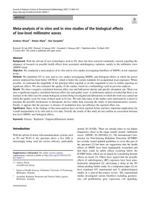 Meta-Analysis of in Vitro and in Vivo Studies of the Biological Effects of Low-Level Millimetre Waves
