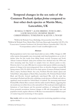 Temporal Changes in the Sex Ratio of the Common Pochard Aythya Ferina Compared to Four Other Duck Species at Martin Mere, Lancashire, UK