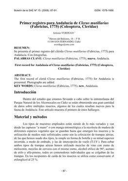 Primer Registro Para Andalucía De Clerus Mutillarius (Fabricius, 1775) (Coleoptera, Cleridae)