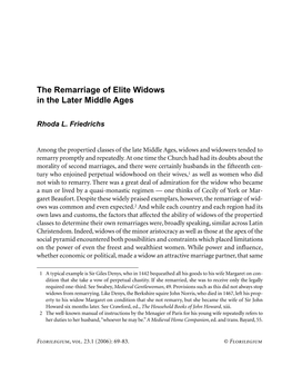 The Remarriage of Elite Widows in the Later Middle Ages