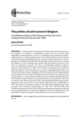 The Politics of Anti-Racism in Belgium a Qualitative Analysis of the Discourse of the Anti-Racist Movement Hand in Hand in the 1990S