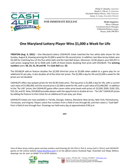 One Maryland Lottery Player Wins $1,000 a Week for Life