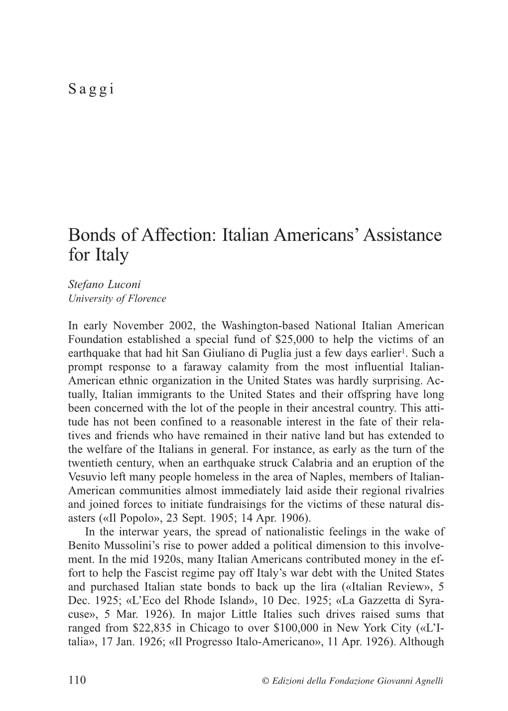 Italian Americans' Assistance for Italy