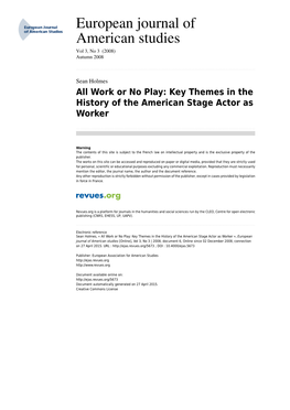 Key Themes in the History of the American Stage Actor As Worker