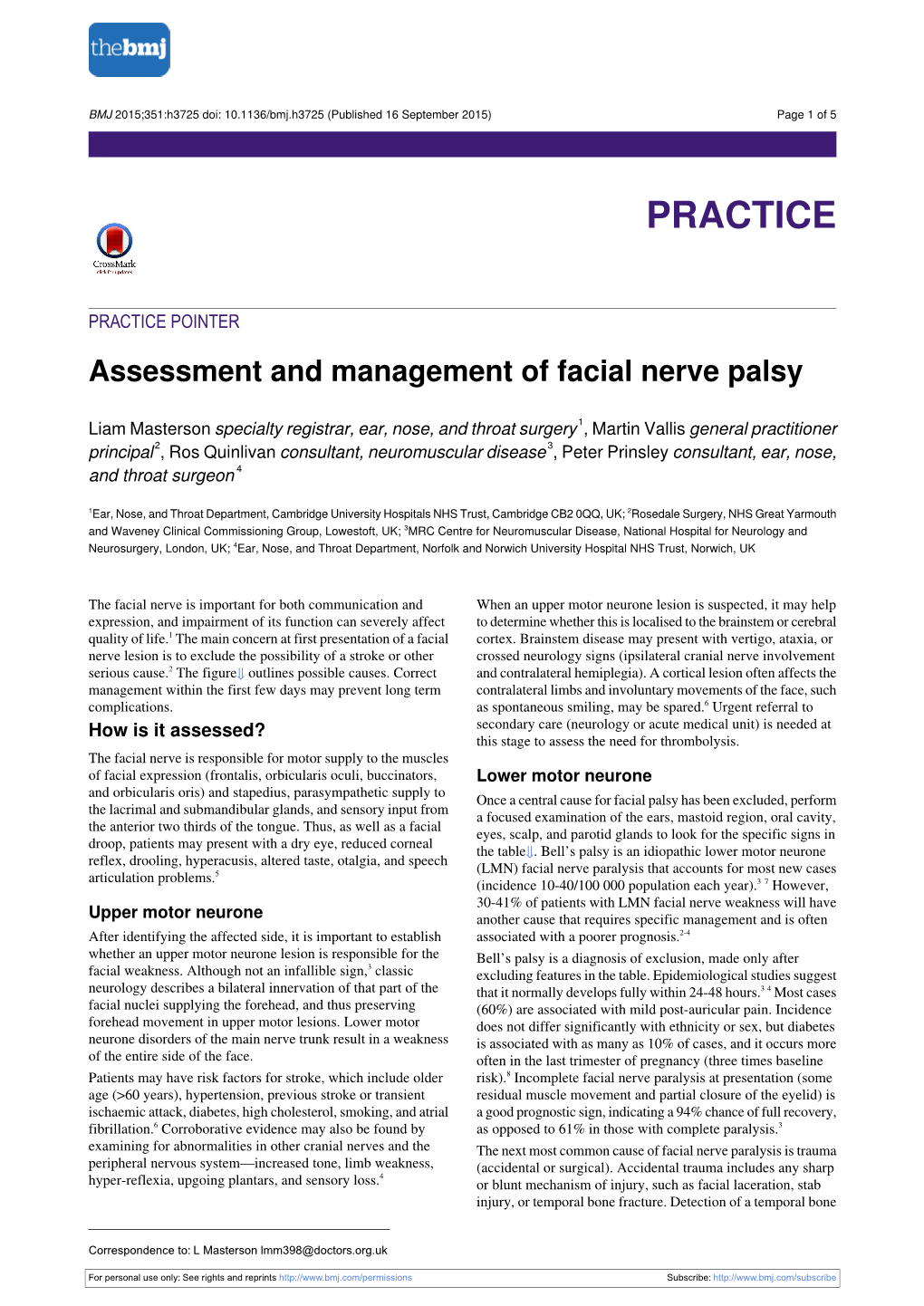 Assessment and Management of Facial Nerve Palsy