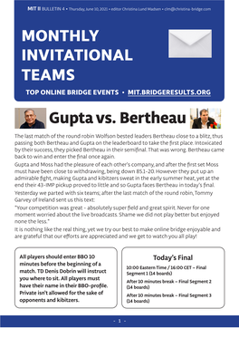 MONTHLY INVITATIONAL TEAMS Gupta Vs. Bertheau