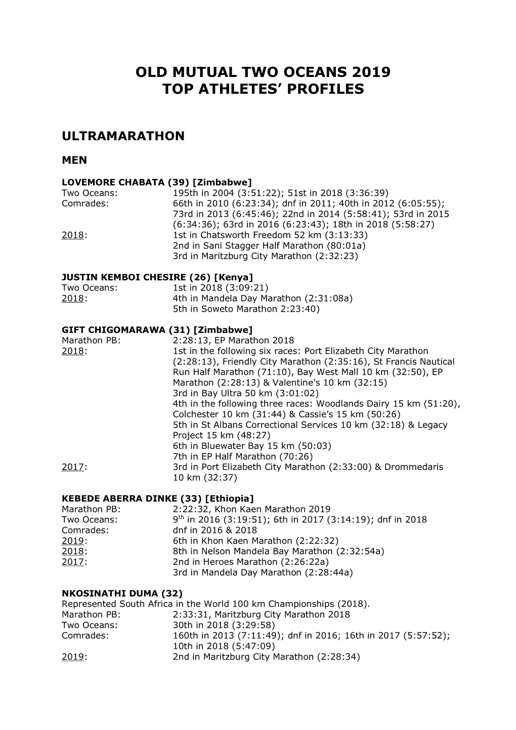 Old Mutual Two Oceans 2019 Top Athletes' Profiles