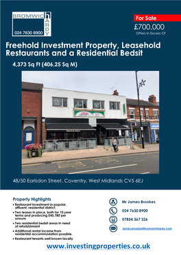 Freehold Investment Property, Leasehold Restaurants and a Residential Bedsit