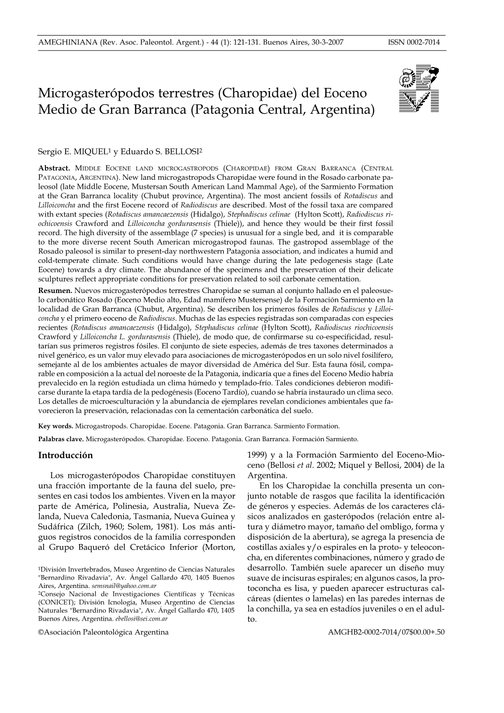 Microgasterópodos Terrestres (Charopidae) Del Eoceno Medio De Gran Barranca (Patagonia Central, Argentina)