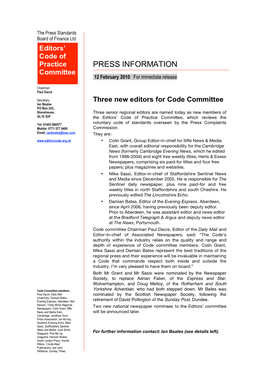 Three New Editors for Code Committee Named