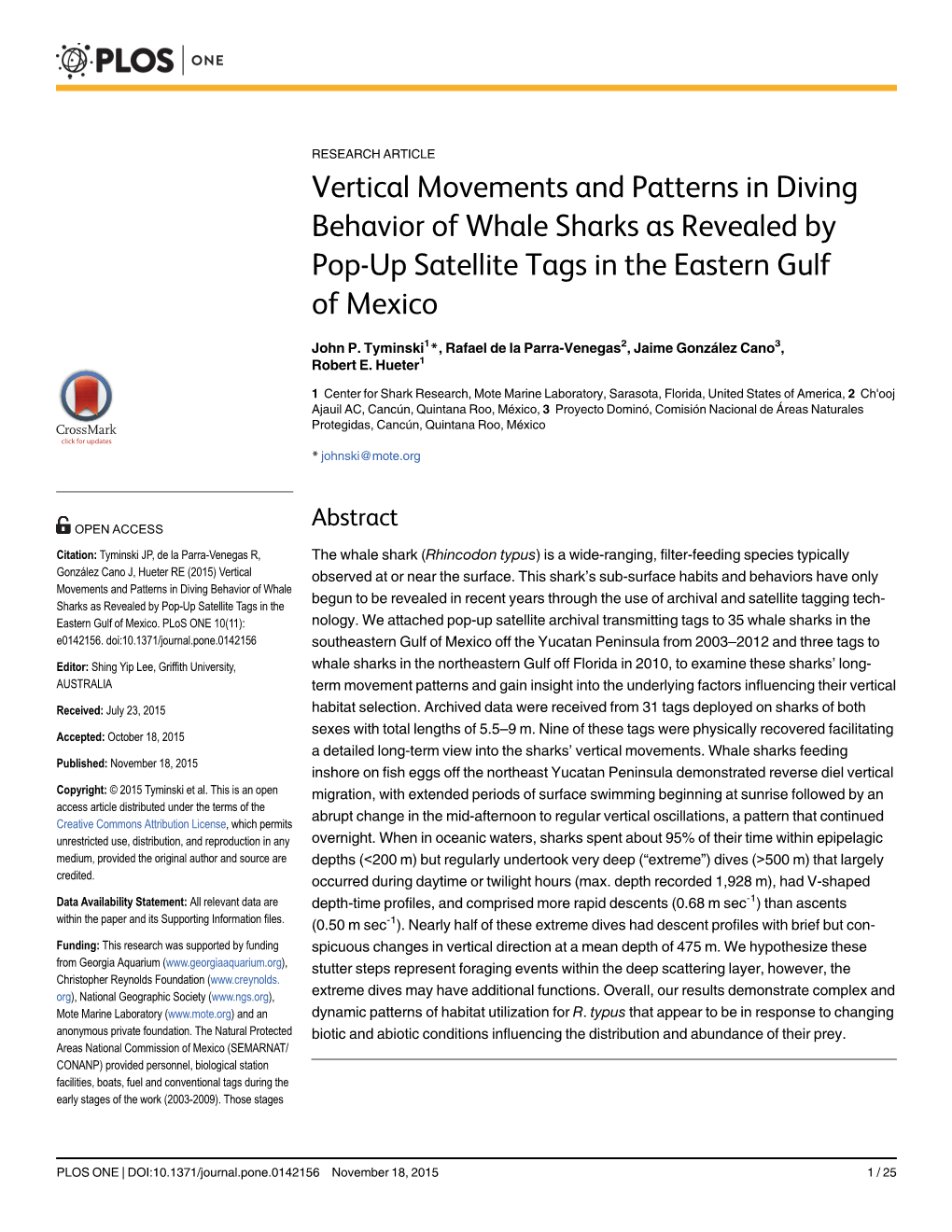 Vertical Movements and Patterns in Diving Behavior of Whale Sharks As Revealed by Pop-Up Satellite Tags in the Eastern Gulf of Mexico