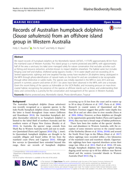 Records of Australian Humpback Dolphins (Sousa Sahulensis) from an Offshore Island Group in Western Australia Holly C