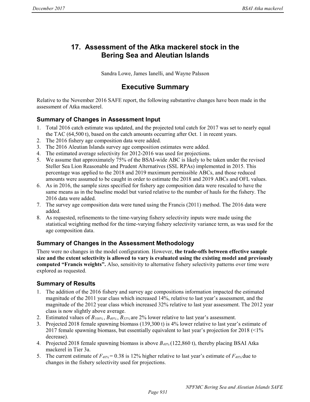 Stock Assessment of BSAI Atka Mackerel